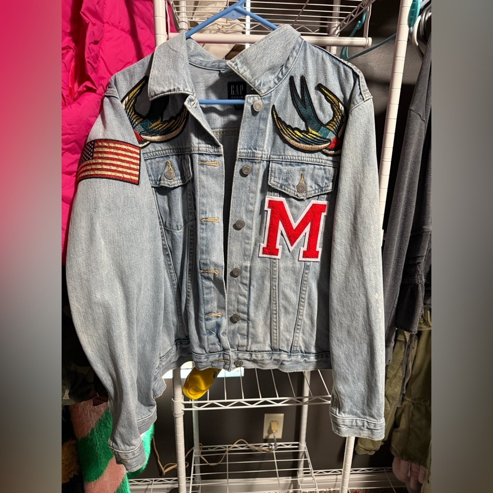 GAP Custom Made Light Blue Denim Jacket with Embroidered Birds and Letter M